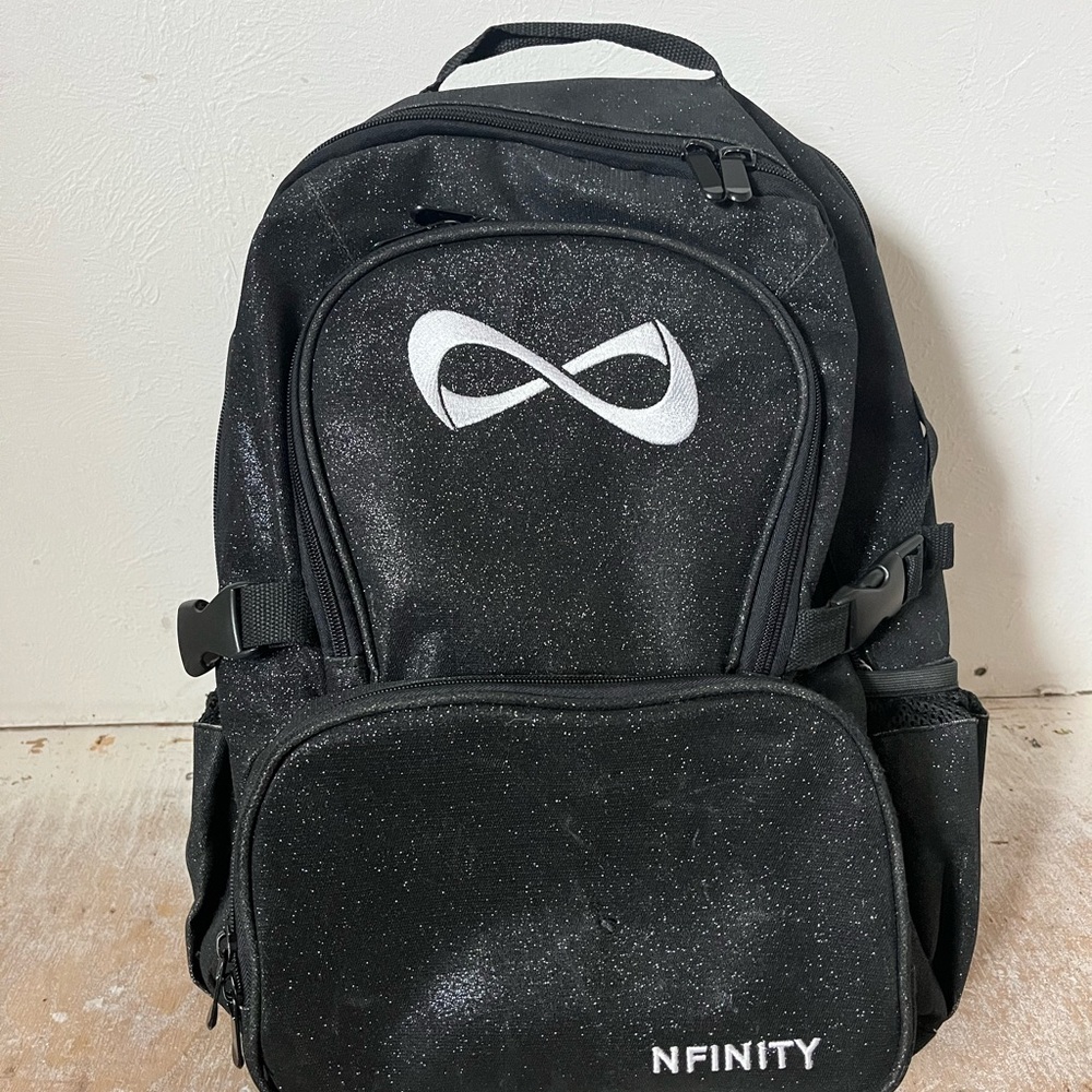 NFINITY Sparkly Black Backpack with Iconic Logo and Durable Fabric